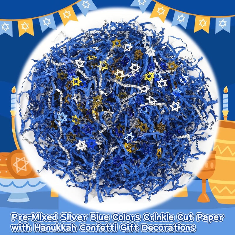 Jansun Hanukkah Blue Metallic Silver Crinkle Cut Paper, 115g/4oz Shred Filler with Gold Blue Silver Hexagrama Confetti for Gift Wrapping Craft DIY Basket Filling Chanukah Birthday Party Decorations - Image 3